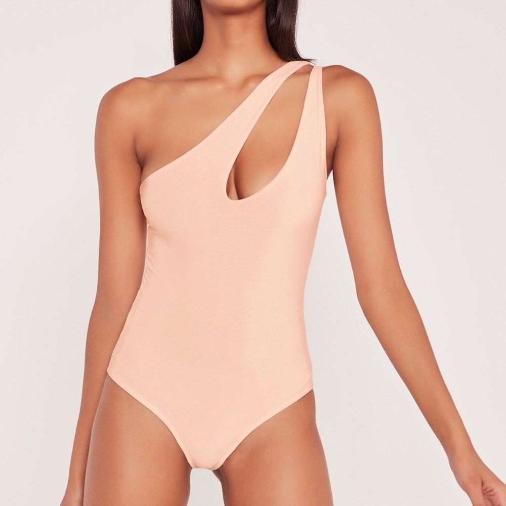Carli Bybel One Shoulder Cut Out Bodysuit Nude